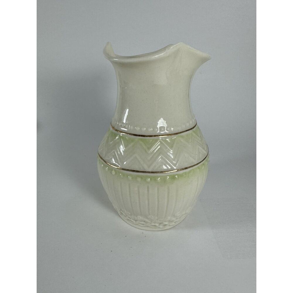 Vintage Belleek Chevron Embossed Ivory & Green Vase Brown 7th Mark 1980 - 1993
